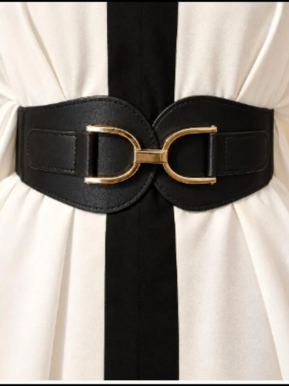 Black Wide Elastic Waist Belt with Gold Double Buckle – Women’s Stretch Belt